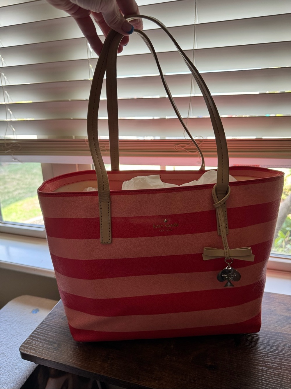 Kate Spade Pink Striped Leather Medium Tote Bag with Bow Charm